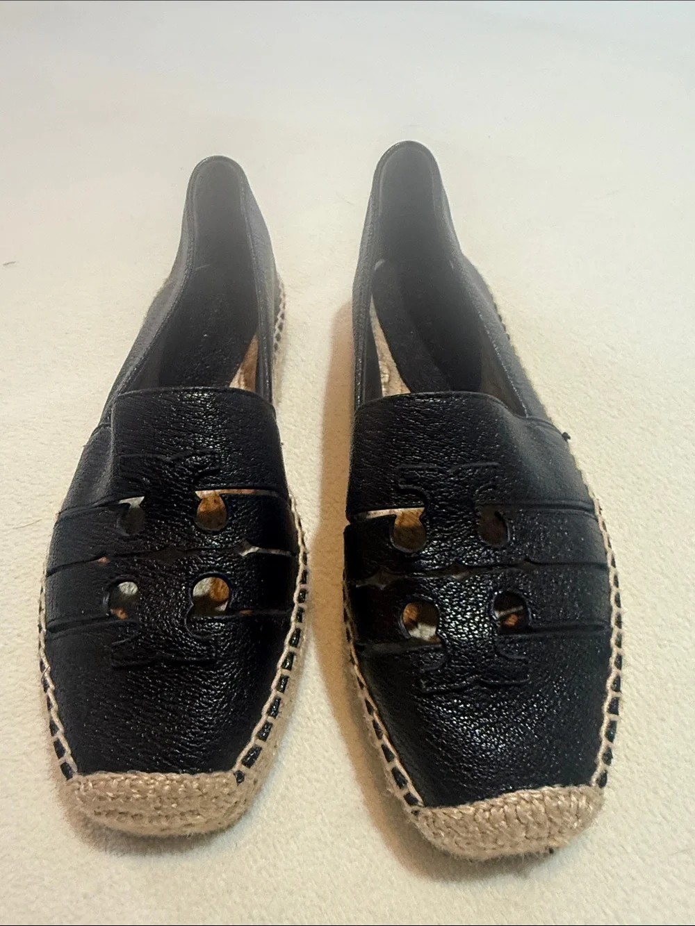 Tory Burch Black Leather Cutout Espadrille Loafers Never Worn
